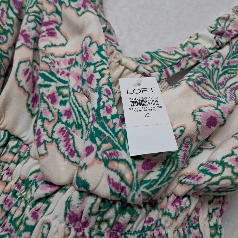 NWT LOFT Floral Smocked Crisscross Back Jumpsuit Womens 10 White Straight Spring